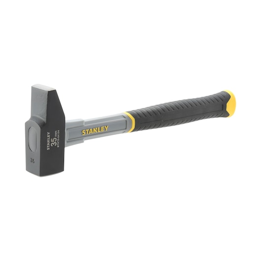 STANLEY STHT0-54154 sledge hammer with black head and gray handle, yellow brand logo, side angle photo.