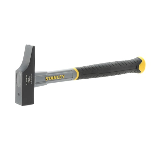 Stanley hammer with black metal head and rubberized yellow and black grip handle on white background.