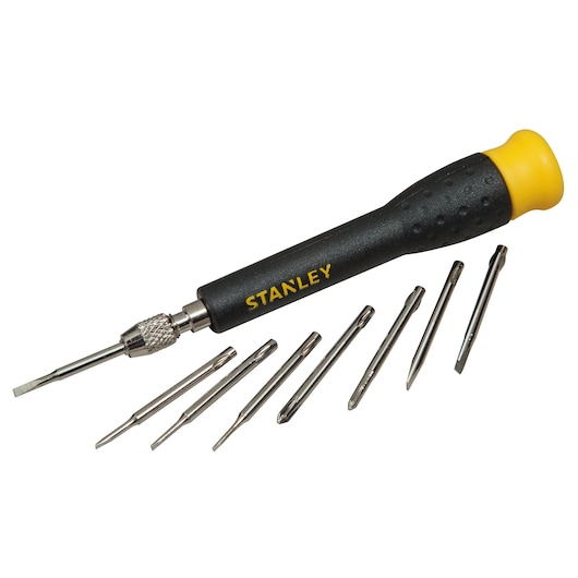 STANLEY STHT0-62633 precision screwdriver set with black and yellow handle and seven interchangeable bits, white background.