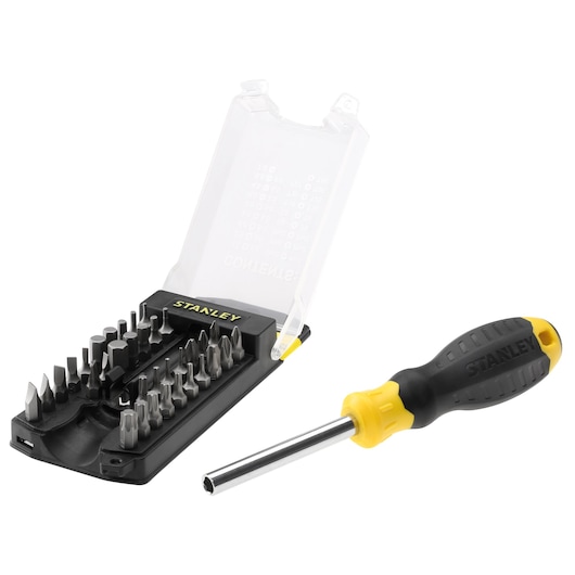 STANLEY STHT0-70885 screwdriver set with black and yellow handle and multiple bits in open plastic case, angled view.