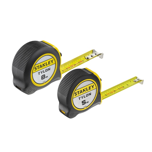 STANLEY STHT0-74260 tape measures, 8m and 5m, black and yellow, side angle, white background.