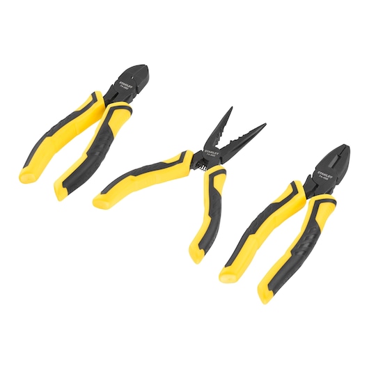 Stanley plier set with three types: combination, diagonal cutting, and long nose, featuring yellow and black handles.