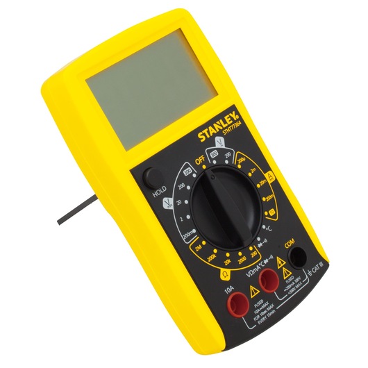 Photo of STANLEY STHT0-77364 digital multimeter, yellow casing, angled view, showing control dial and ports.