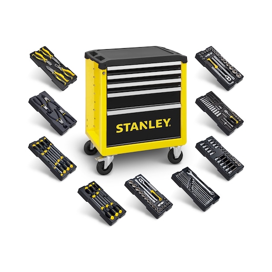 STANLEY STHT0-80442 tool chest on wheels, yellow and black, with assorted hand tool sets displayed on white background, front angle.