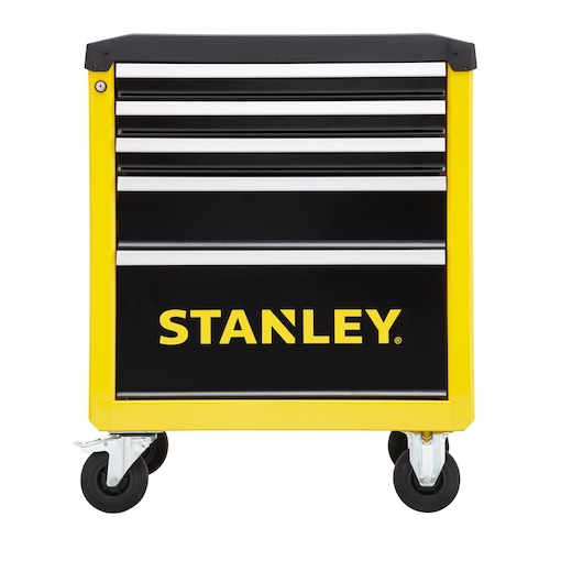 STANLEY STHT0-80442 tool chest with five drawers, black and yellow, front view on white background.