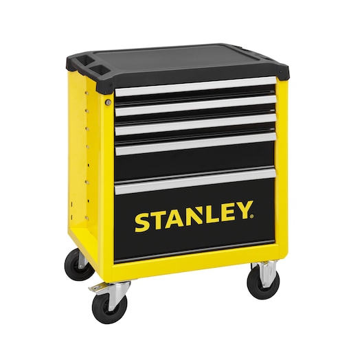STANLEY STHT0-80442 tool chest with four drawers, yellow and black, on wheels, front angle, white background.