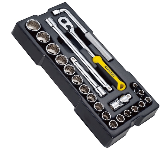 STANLEY STHT0-80442 socket set with ratchet and accessories in black tray, angled view.