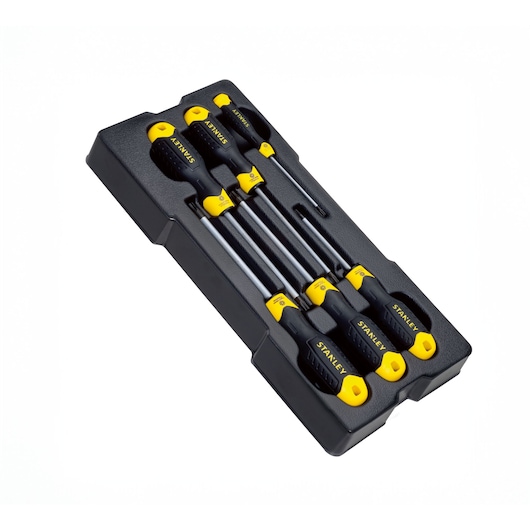 STANLEY STHT0-80442 screwdriver set in black tray, yellow and black handles, top angle photo.