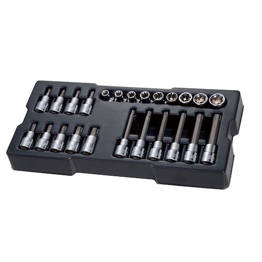 STANLEY STHT0-80442 socket set with assorted bits in black tray, top view, product photography.