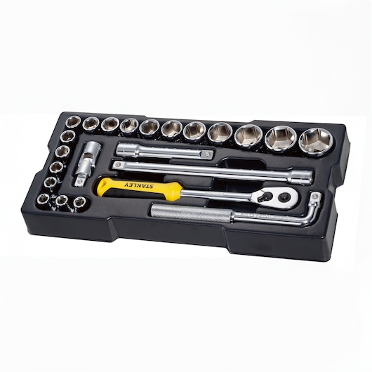 STANLEY STHT0-80442 socket and ratchet set with yellow handle, 1/2 inch drive, tray view, photography of tools.
