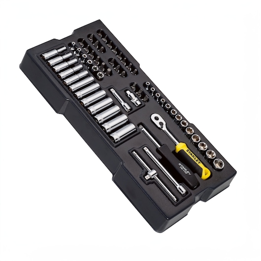STANLEY STHT0-80442 socket and ratchet tool set in black tray, angled product photo.