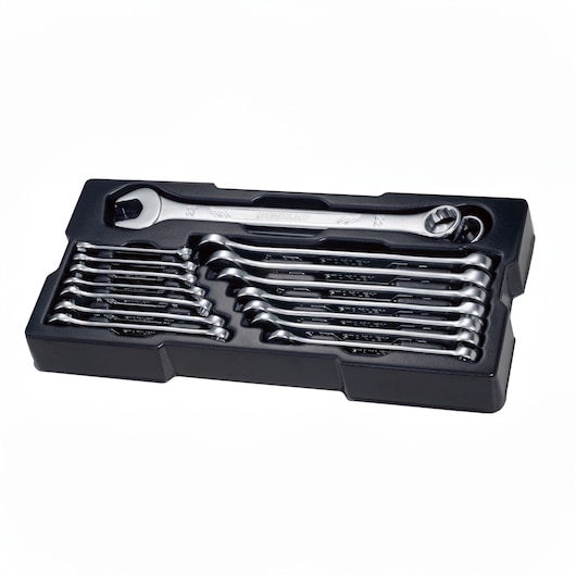 STANLEY STHT0-80442 wrench set in black tray, top view, silver hand tools organized in slots.