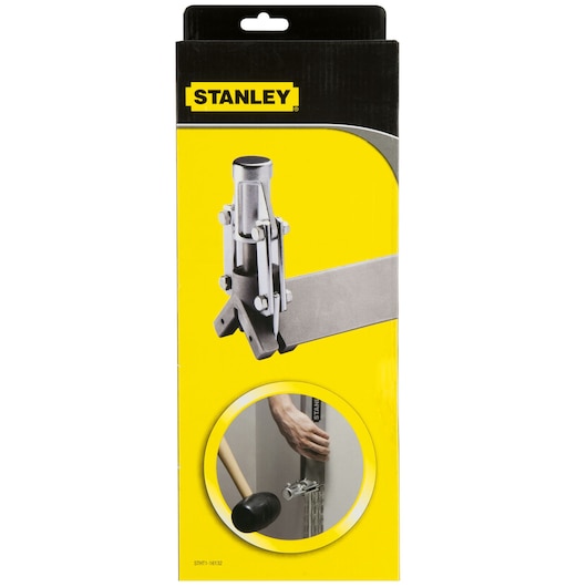 Photo of STANLEY STHT1-16132 box, showing drywall panel lifter tool with metal construction and usage diagram, front angle.