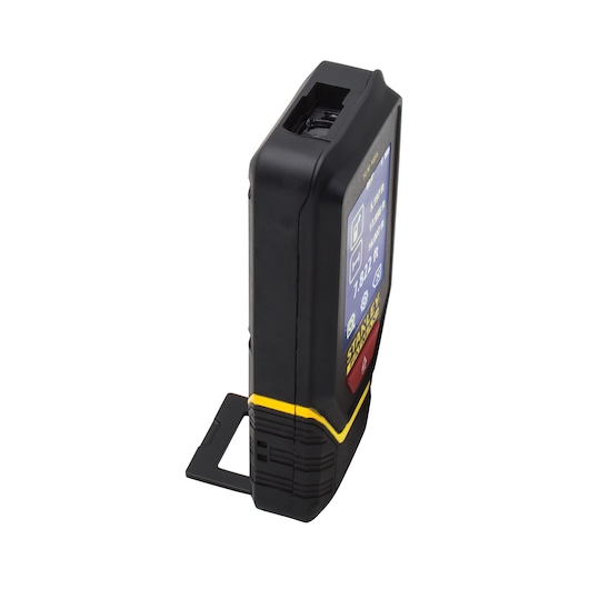 STANLEY STHT1-77139 laser distance measurer, black with yellow accents, angled view on white background.