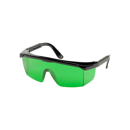 STANLEY STHT1-77367 green lens safety glasses, black frame, photography, front angled view.