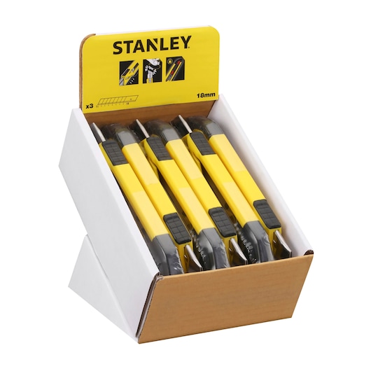Box with yellow Stanley utility knives, 18mm blades, display packaging for retail.