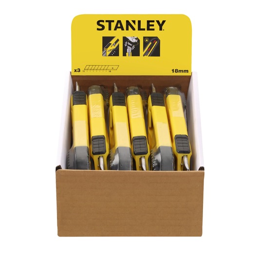 STANLEY STHT10266-1 yellow utility knives in a cardboard display box, front angle on white background.