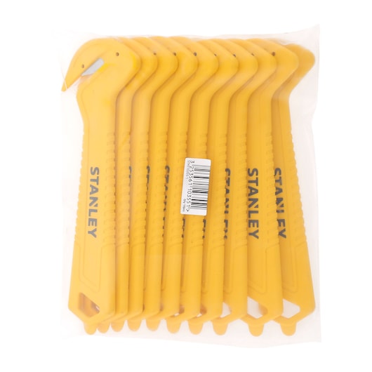 STANLEY STHT10355-1 yellow safety cutters, pack of ten, sealed in clear plastic, front angle.