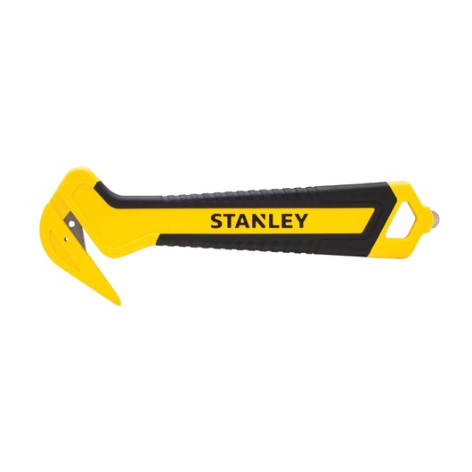 STANLEY STHT10356-0 safety cutter with yellow and black handle, side view on white background.