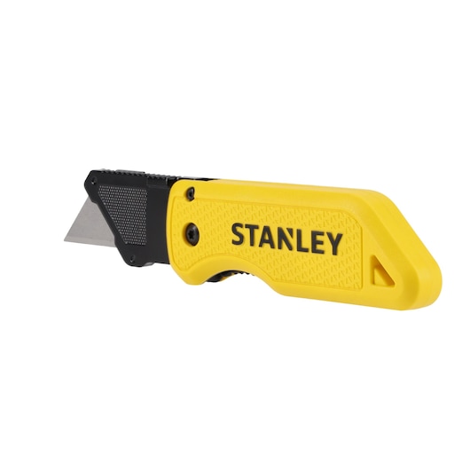 STANLEY STHT10520-0 utility knife with yellow textured handle, angled left side, white background.