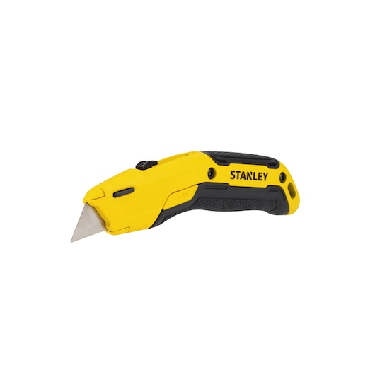 A Stanley utility knife with a yellow and black handle and a retractable metal blade, shown against a white background.