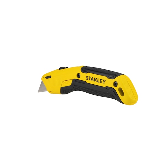 A Stanley utility knife with a yellow and black handle, featuring a retractable blade and ergonomic grip.