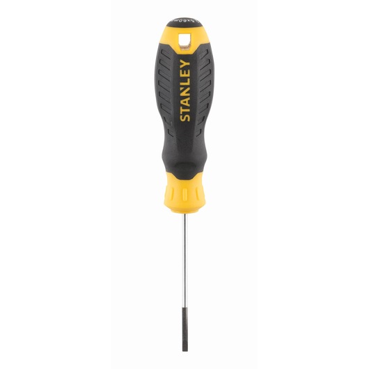 STANLEY STHT16151-0 screwdriver, black and yellow handle, flat head, front view on white background.