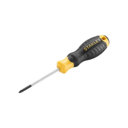 STANLEY STHT16153-0 screwdriver with black and yellow handle, side angle, on white background.