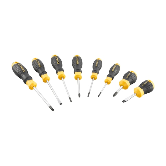 STANLEY STHT16167-0 screwdriver set, eight pieces, black and yellow handles, top view on white background.