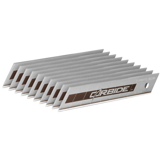 STANLEY STHT2-11818 pack of snap-off carbide utility knife blades, silver and brown, side angle on white background.