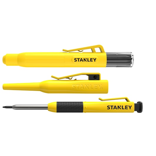 Photo of STANLEY STHT72009 yellow precision screwdriver set, three pieces with pen clip, white background.