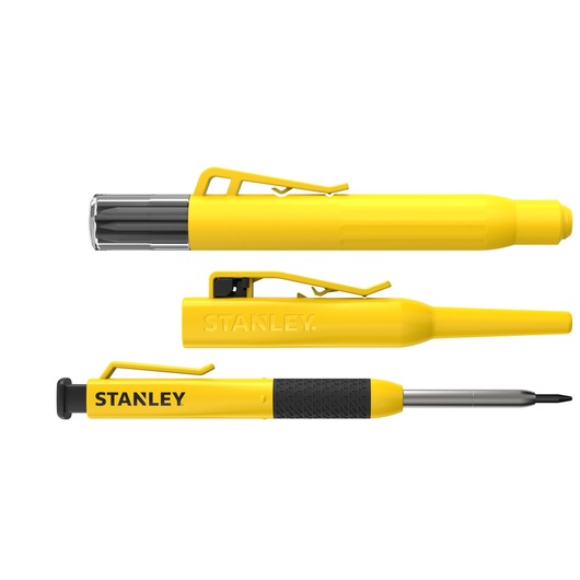 STANLEY STHT72009 yellow multi-bit screwdriver pen, side view, rubber grip and pocket clip visible.