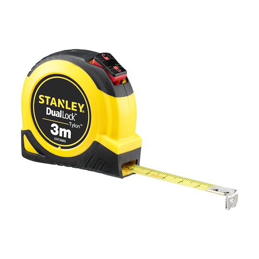 STANLEY STHT36802-0 yellow and black tape measure, DualLock Tylon, 3m, side angle on white background.