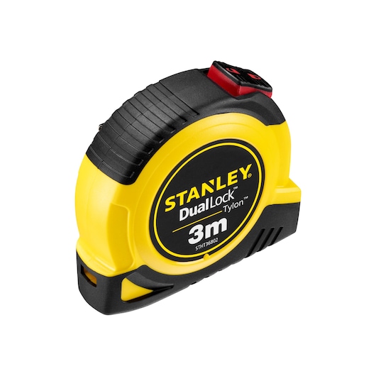 Stanley STHT36802-0 tape measure, DualLock Tylon, 3m, yellow and black, angled view, photography.