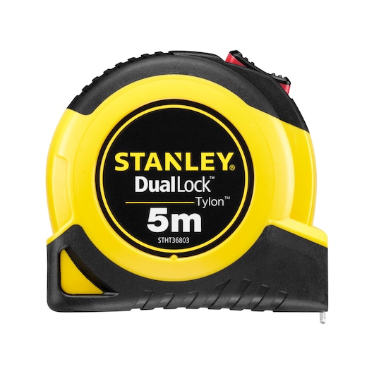 STANLEY STHT36803-0 DualLock Tylon 5m yellow and black tape measure, front view on white background.