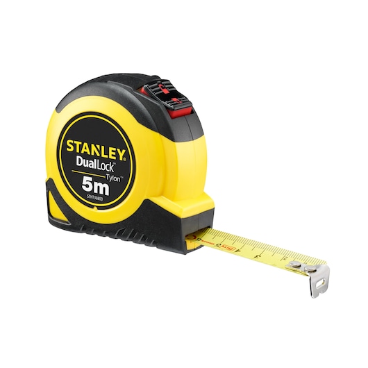 Stanley STHT36803-0 5m DualLock tape measure, yellow and black, side angle on white background.