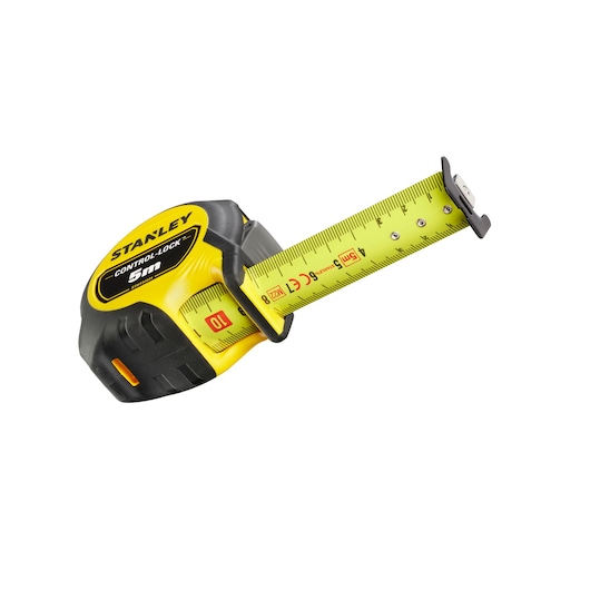 STANLEY STHT37231 tape measure, yellow and black, 5m Control-Lock model, angled product photo on white background.