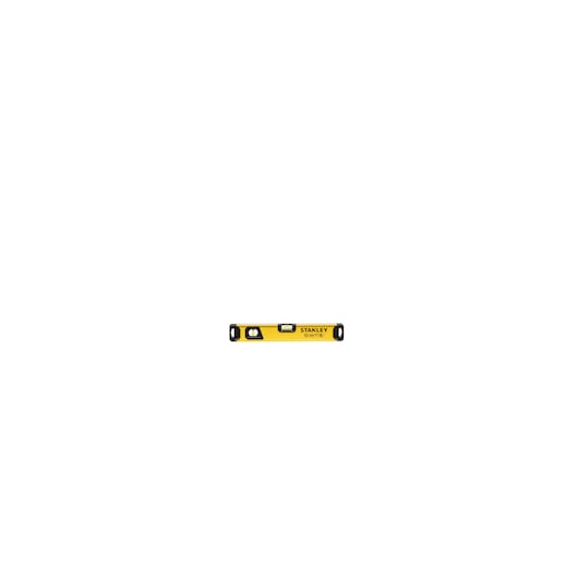 A yellow STANLEY spirit level tool with black end caps, positioned horizontally on a white background.