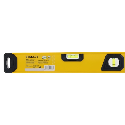 A close-up view of a yellow STANLEY box beam level, featuring clear horizontal and vertical vials and black end caps. The label indicates the length is 40 cm.