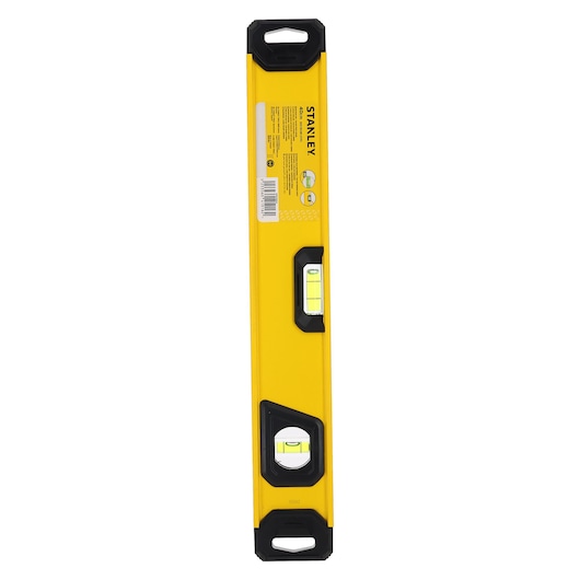 A yellow STANLEY spirit level with black end caps and two bubble vials, shown vertically against a white background.