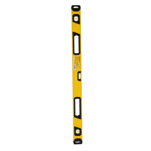 A yellow STANLEY spirit level with three bubble vials and black accents, featuring two hand grips for easy use.