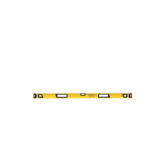 A yellow STANLEY spirit level with black end caps and multiple viewing windows for bubble vials, shown on a white background.