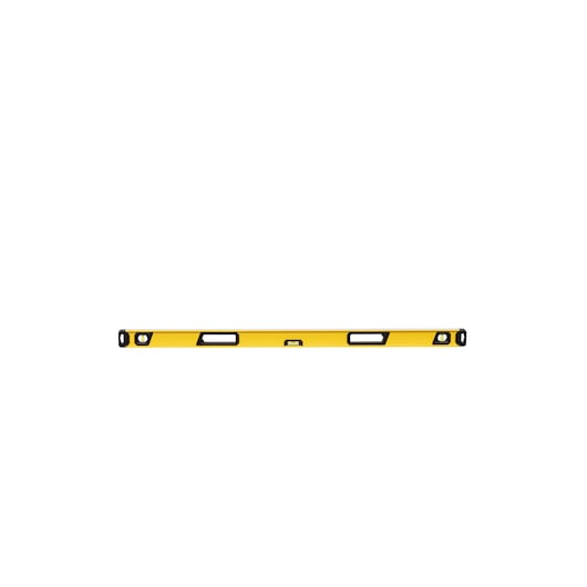 A yellow spirit level tool with black accents, designed for measuring horizontal and vertical alignment.