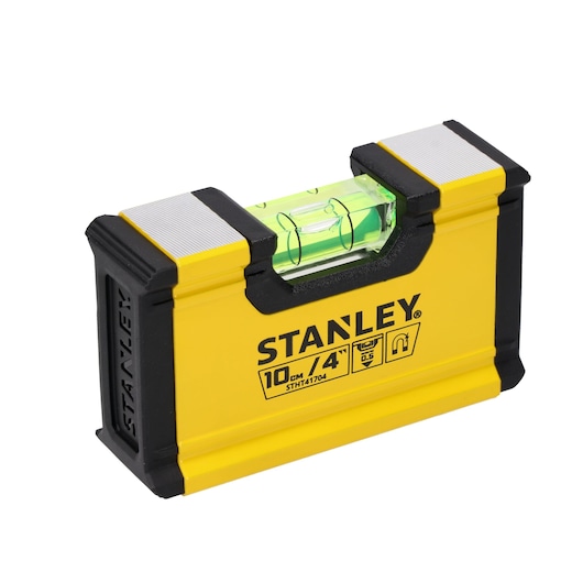 STANLEY STHT41704 yellow magnetic torpedo level, 10cm/4in, front angle, white background.