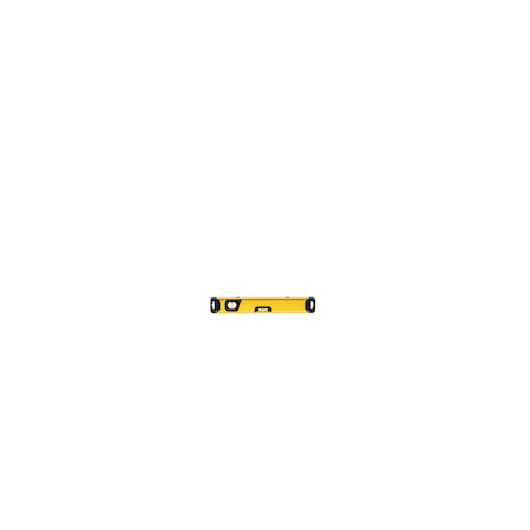 A yellow spirit level tool with black end caps and a central bubble vial, shown against a white background.