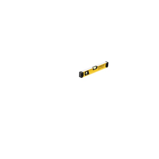 A Stanley brand spirit level tool with a yellow body and black end caps, designed for measuring horizontal and vertical alignment.
