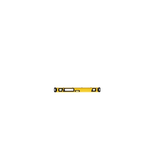 A yellow spirit level tool with black end caps and a built-in handle, designed for accurate measurement of horizontal and vertical alignment.
