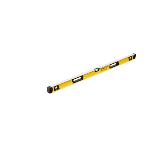 A yellow STANLEY spirit level tool with black end caps and multiple bubble vials, designed for precise leveling tasks.