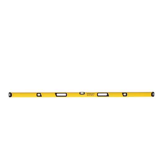A yellow Stanley spirit level tool with multiple bubble vials, designed for precise leveling tasks.