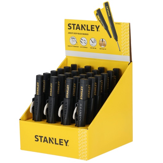 Stanley jobsite deep reach markers in yellow display box, black markers with yellow branding, for industrial use.